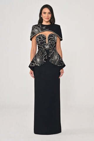 Bolerolu Üstü Aksesuarlı Krep Uzun Elbise