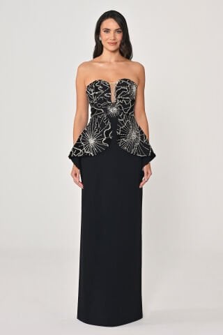 Bolerolu Üstü Aksesuarlı Krep Uzun Elbise