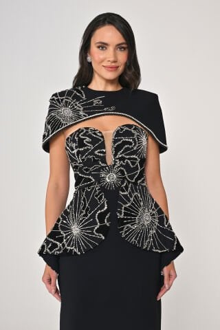 Bolerolu Üstü Aksesuarlı Krep Uzun Elbise