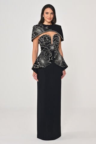 Bolerolu Üstü Aksesuarlı Krep Uzun Elbise