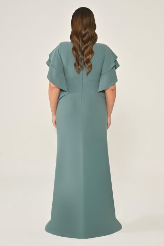 Degaje Yaka Beli Aksesuarlı ve Büzgülü Krep Uzun Elbise FİRUZE - 42