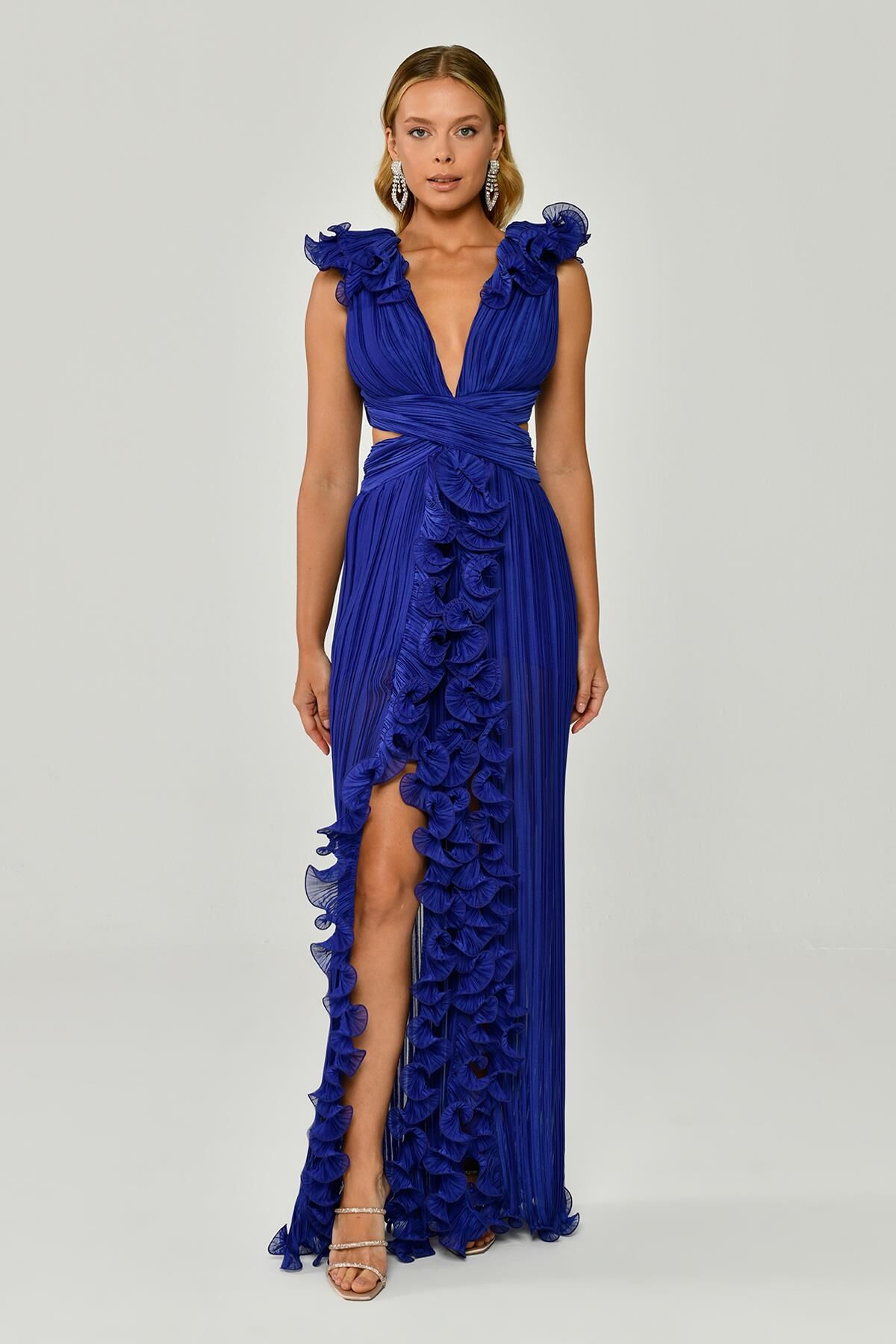Plissiertes Chiffon-Langes Kleid mit gerüschten Schultern und Rock Lila - 42