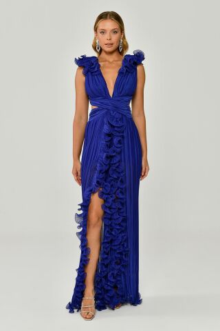 Plissiertes Chiffon-Langes Kleid mit gerüschten Schultern und Rock Lila - 42