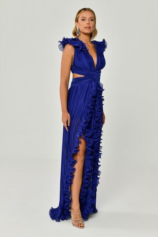 Plissiertes Chiffon-Langes Kleid mit gerüschten Schultern und Rock Lila - 42