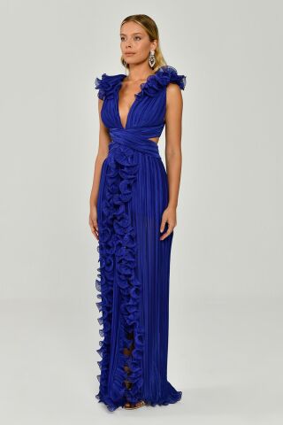 Plissiertes Chiffon-Langes Kleid mit gerüschten Schultern und Rock Lila - 42