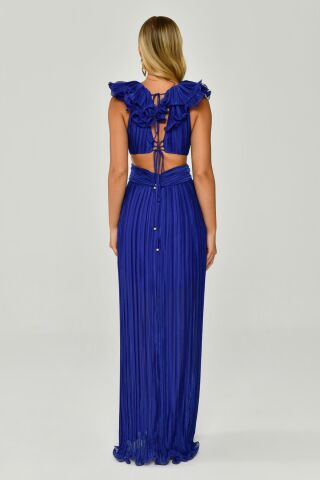 Plissiertes Chiffon-Langes Kleid mit gerüschten Schultern und Rock Lila - 42