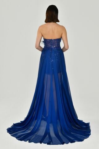 Straplez Üst Pul Payetli Alt Şİfon Çiçek Aksuarlı Uzun Elbise SAKS - 38