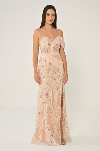 Tek Düşük Omuz Yandan Yırtmaçlı Payet Uzun Elbise SOMON - 36