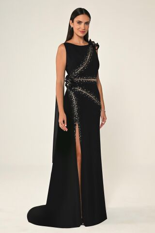 Çiçek ve Taş Aksesuarlı Yırtmaçlı Şallı Uzun Elbise Siyah - 48