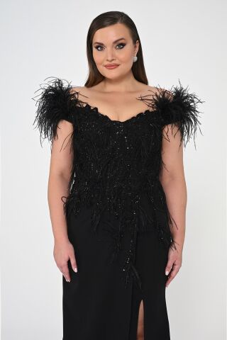 Omuzları Tüylü Payetli Krep Uzun Elbise Siyah - 44