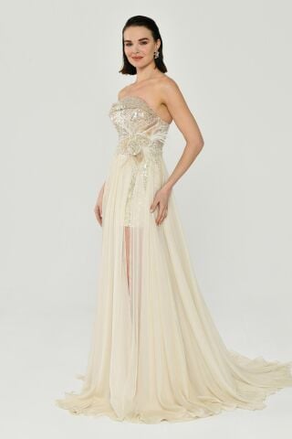 Straplez Üst Pul Payetli Alt Şİfon Çiçek Aksuarlı Uzun Elbise Kemik - 38