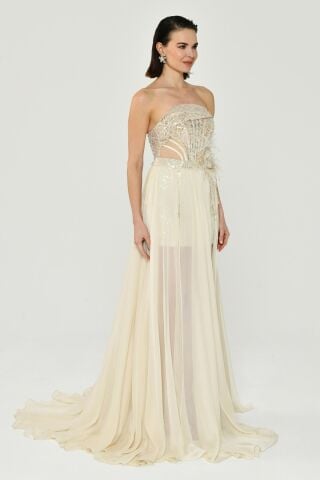 Straplez Üst Pul Payetli Alt Şİfon Çiçek Aksuarlı Uzun Elbise Kemik - 38