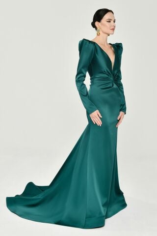 Uzun Kollu Vatkalı Önü Büzgülü Saten Uzun Elbise ZÜMRÜT - 42