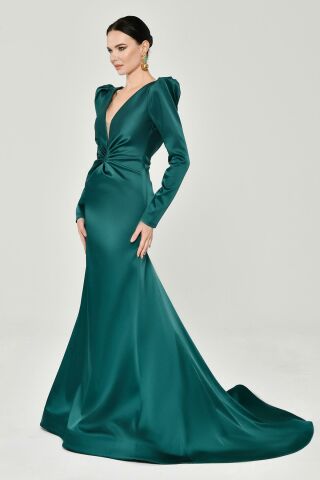 Uzun Kollu Vatkalı Önü Büzgülü Saten Uzun Elbise ZÜMRÜT - 42