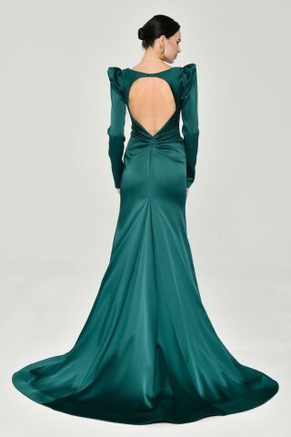 Uzun Kollu Vatkalı Önü Büzgülü Saten Uzun Elbise ZÜMRÜT - 42