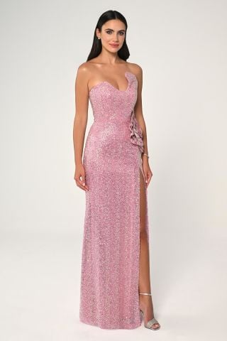 Trägerloses, asymmetrisch geschnittenes, langes Kleid aus Paillettenstoff, Rosa - 40