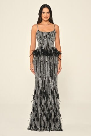 İp Askılı Çıkarılabilir Üst Tüy Aksasuarlı Payet Uzun Elbise