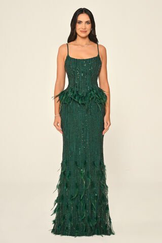 İp Askılı Çıkarılabilir Üst Tüy Aksasuarlı Payet Uzun Elbise