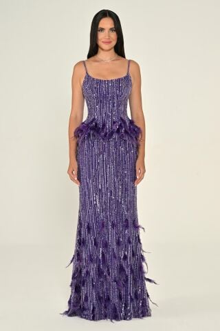 İp Askılı Çıkarılabilir Üst Tüy Aksasuarlı Payet Uzun Elbise