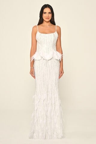 İp Askılı Çıkarılabilir Üst Tüy Aksasuarlı Payet Uzun Elbise