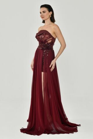 Straplez Üst Pul Payetli Alt Şİfon Çiçek Aksuarlı Uzun Elbise Bordo - 38
