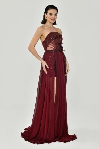 Straplez Üst Pul Payetli Alt Şİfon Çiçek Aksuarlı Uzun Elbise Bordo - 38