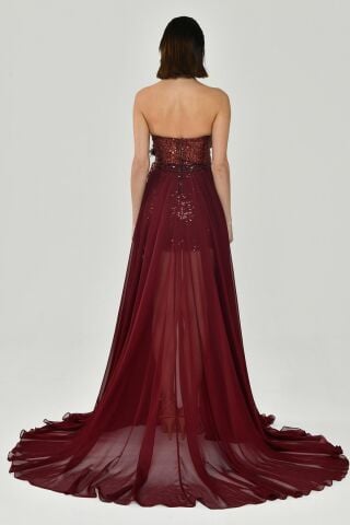 Straplez Üst Pul Payetli Alt Şİfon Çiçek Aksuarlı Uzun Elbise Bordo - 38