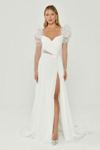 Long Transparent Sleeves Heart Bust Floral Accessories Slit Chiffon Long Dress