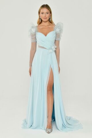 Long Transparent Sleeves Heart Bust Floral Accessories Slit Chiffon Long Dress