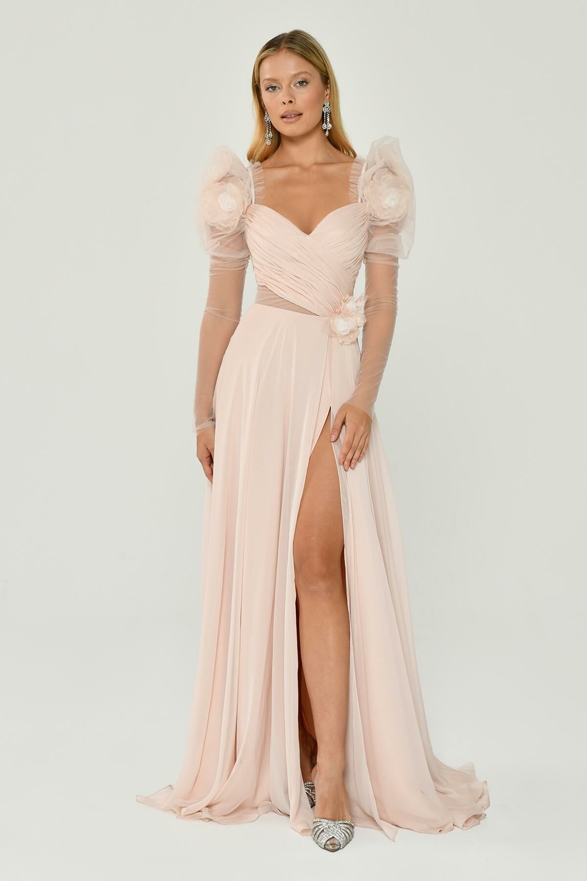 Long Transparent Sleeves Heart Bust Floral Accessories Slit Chiffon Long Dress