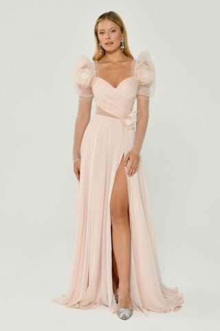 Long Transparent Sleeves Heart Bust Floral Accessories Slit Chiffon Long Dress