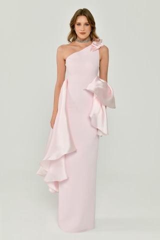 Tek Omuz Volanlı Parlak Kumaş Aksesuarlı Uzun Elbise 38 - PEMBE / PEMBE