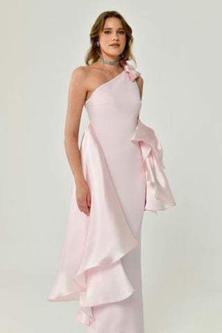 Tek Omuz Volanlı Parlak Kumaş Aksesuarlı Uzun Elbise 38 - PEMBE / PEMBE