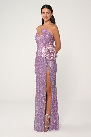 Straplez Göğüsü Asimetrik Kesim Payet Kumaş Uzun Elbise GÜL KURUSU - 38