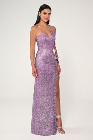 Straplez Göğüsü Asimetrik Kesim Payet Kumaş Uzun Elbise GÜL KURUSU - 38