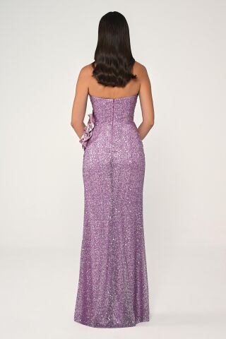 Straplez Göğüsü Asimetrik Kesim Payet Kumaş Uzun Elbise GÜL KURUSU - 38