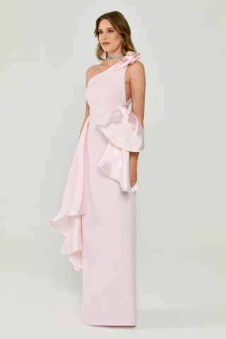 One Shoulder Flounce Long Dress with Shiny Fabric Accessories 42 - PINK
