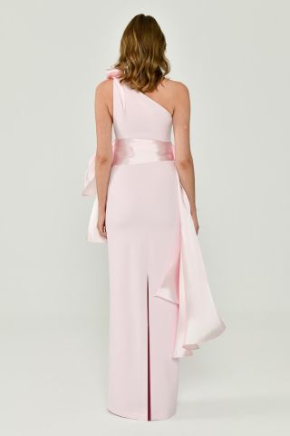 One Shoulder Flounce Long Dress with Shiny Fabric Accessories 42 - PINK
