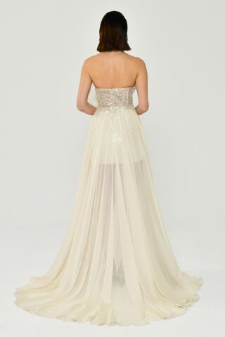 Straplez Üst Pul Payetli Alt Şİfon Çiçek Aksuarlı Uzun Elbise Kemik - 40