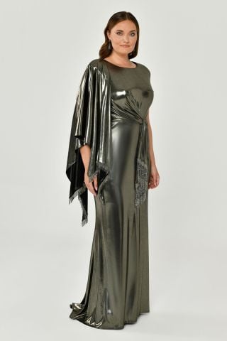 Tek Omuz Şallı Püskül Kuşaklı Parlak Kumaş Uzun Elbise SİYAH / ALTIN - 42