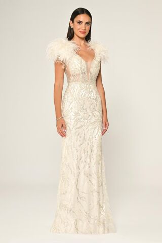 Omzu Otrişli Taşlı Uzun Elbise Kemik - 40