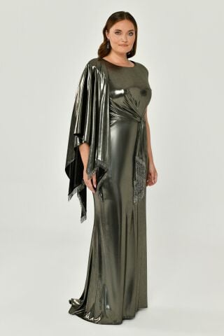 Tek Omuz Şallı Püskül Kuşaklı Parlak Kumaş Uzun Elbise SİYAH / ALTIN - 44