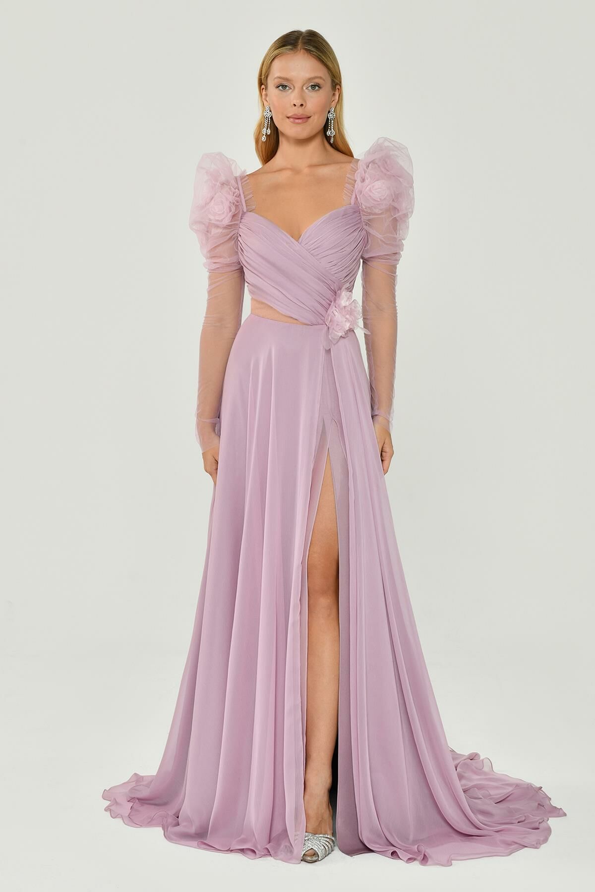 Lange transparente Ärmel Herz Brust Blumen Accessoire Schlitz Chiffon Langes Kleid Rosa - 40
