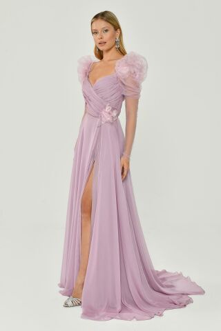 Lange transparente Ärmel Herz Brust Blumen Accessoire Schlitz Chiffon Langes Kleid Rosa - 40