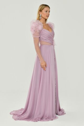 Lange transparente Ärmel Herz Brust Blumen Accessoire Schlitz Chiffon Langes Kleid Rosa - 40