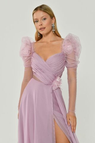 Lange transparente Ärmel Herz Brust Blumen Accessoire Schlitz Chiffon Langes Kleid Rosa - 40