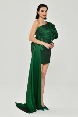 Tek Balon Kol Yandan Kuyruklu Tafta Kumaş Kısa Elbise Yeşil - 36