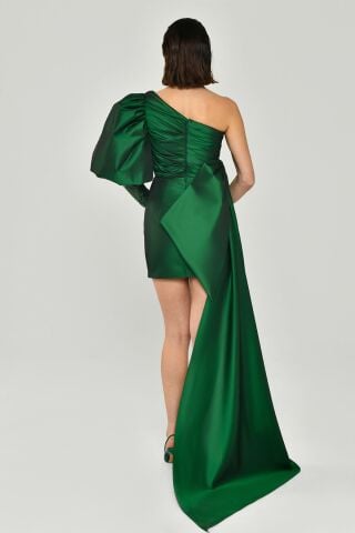 Tek Balon Kol Yandan Kuyruklu Tafta Kumaş Kısa Elbise Yeşil - 36