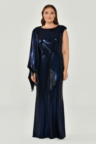 Tek Omuz Şallı Püskül Kuşaklı Parlak Kumaş Uzun Elbise Lacivert - 48