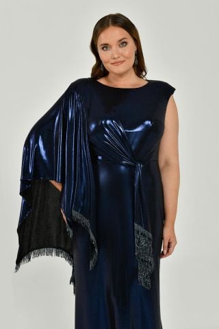 Tek Omuz Şallı Püskül Kuşaklı Parlak Kumaş Uzun Elbise Lacivert - 48